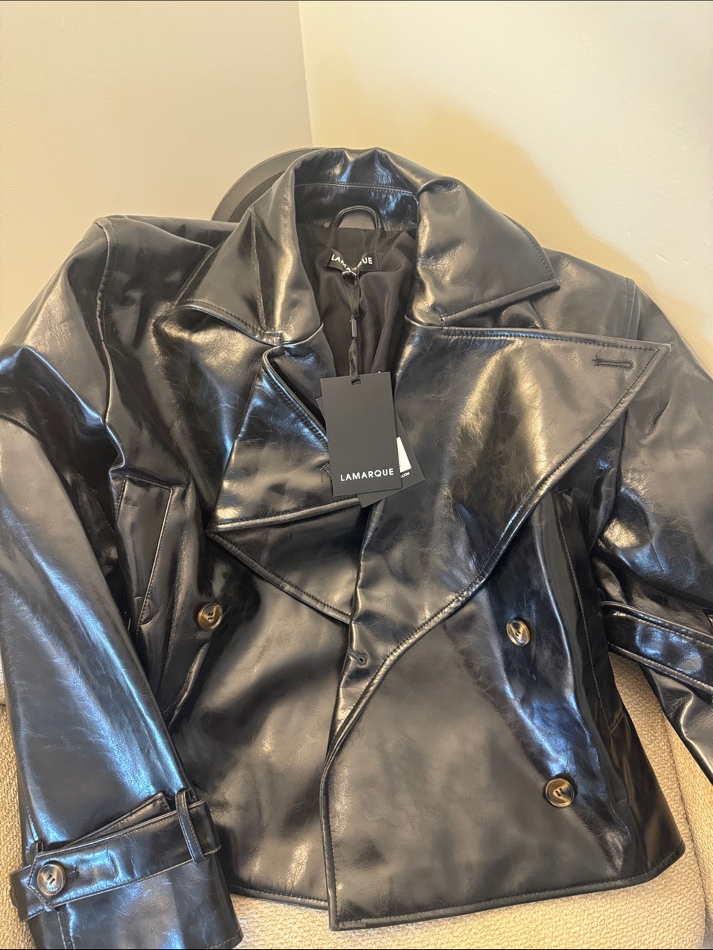 Lamarque Black Shiny Faux Leather Double-Breasted Jacket